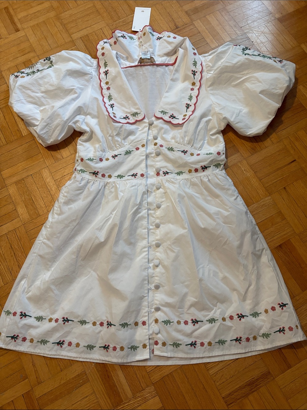 Caroline Constas White Embroidered Puff-Sleeve Dress
